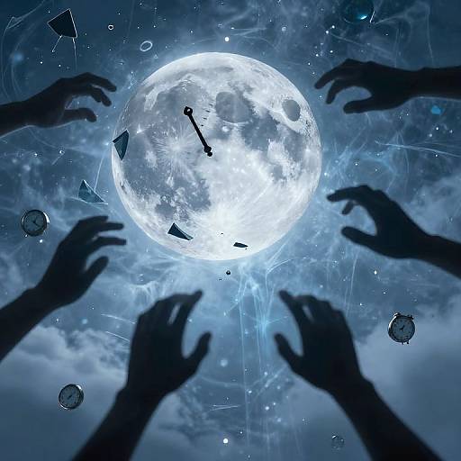 Digital art: Silhouetted hands reaching towards a glowing full moon, surrounded by floating crystals and stars in a blue, cloudy sky.