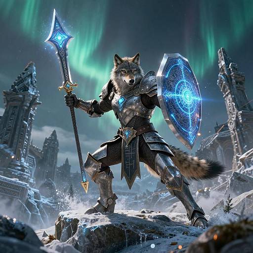 Aurora-Lit Armored Direwolf Battle-Mage on Frozen Precipice