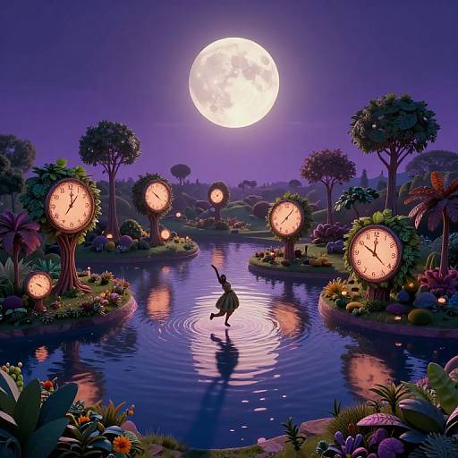 Dreamy Surreal Park with Clock Trees under Full Moon