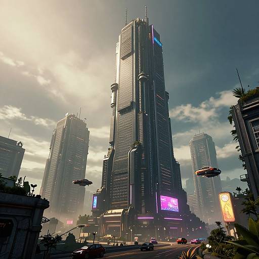 CGI futuristic cityscape with towering, neon-lit skyscrapers, flying cars, and bright digital billboards under a partly cloudy sky.