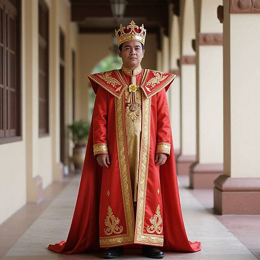 Photograph of a young boy in a regal red and gold royal robe with intricate embroidery, crown, standing in a colonnaded hallway.