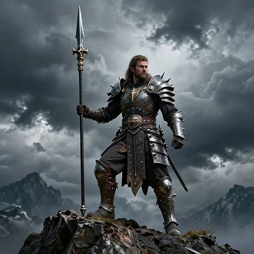 Photorealistic digital artwork of a muscular, bearded Viking warrior in silver armor, holding a long spear, standing on a rocky peak with stormy