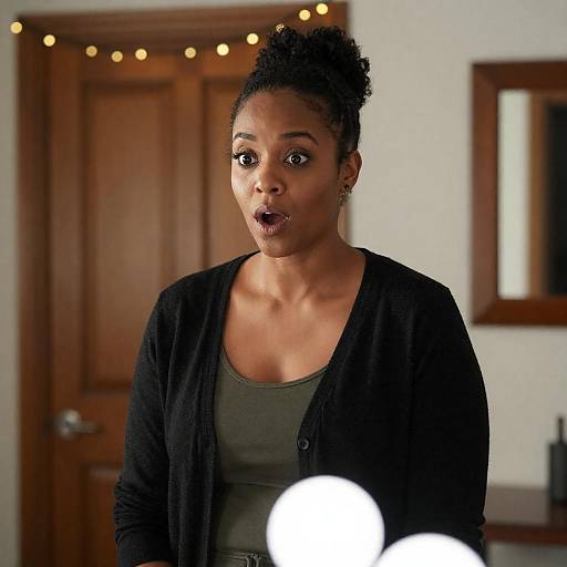 Surprised Woman Indoors with String Lights