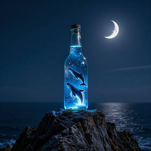 Photograph of a glowing blue glass bottle with a fish inside, standing on a rocky cliff under a crescent moon.