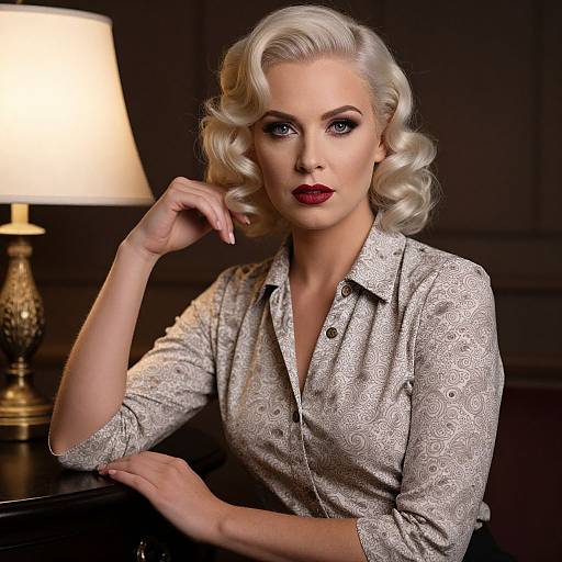 Photograph of a glamorous blonde woman with curled hair, wearing a patterned button-up shirt, dark red lipstick, and sitting by a lit lamp in