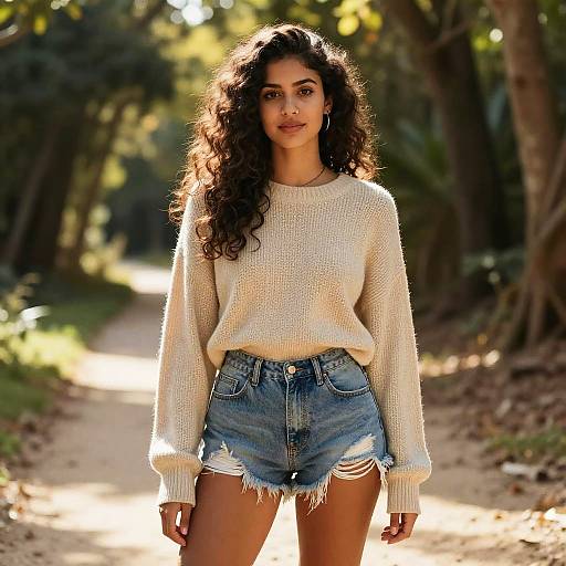 Photograph of a young woman with curly black hair, wearing a white knit sweater and frayed blue denim shorts, standing on a sunlit forest path