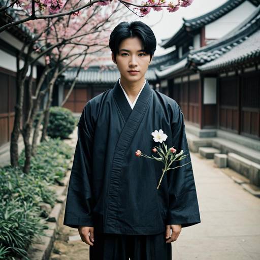 Young Man in Traditional Korean Attire with Flower