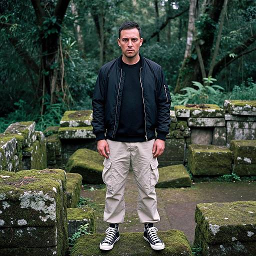 Photograph of a serious, Caucasian man with short dark hair, black jacket, black shirt, beige cargo pants, and black-and-white sneakers, standing
