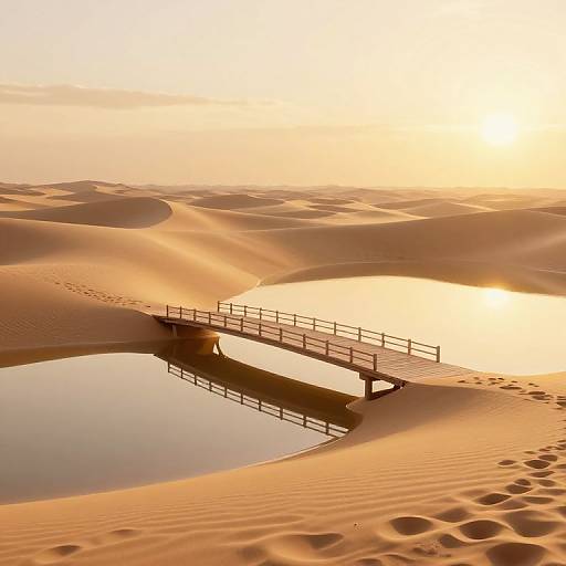 Photograph of a solitary wooden bridge with a railing, reflected in a calm puddle, set in a sunlit, golden desert with rippled sand