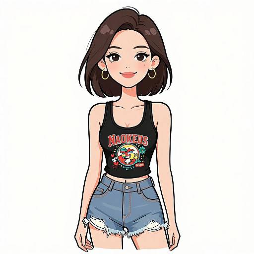 Digital anime-style drawing of a cute, smiling young woman with short black hair, wearing a black 