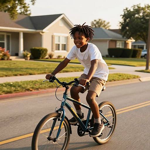 Photograph of a young Black boy with dreadlocks, wearing a white T-shirt and beige shorts, riding a blue bike on a suburban street with houses