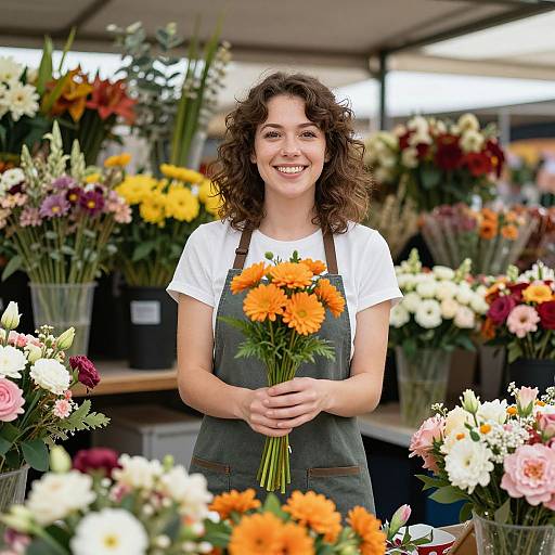 Photograph of a smiling, curly-haired woman in a white shirt and gray apron, holding orange marigolds, surrounded by colorful flowers.