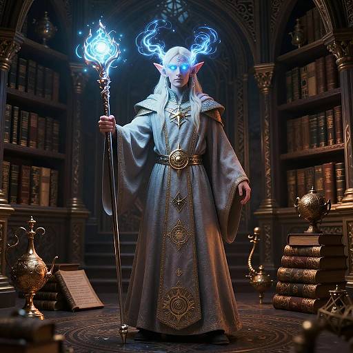 Elf Mage Casting Spell in Library
