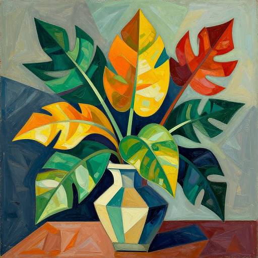 Vibrant, geometric, abstract painting of a vase with colorful tropical leaves in shades of yellow, green, and red, set against a textured,