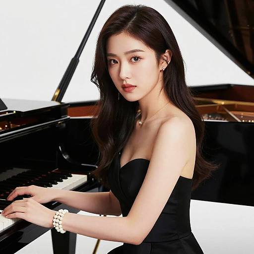 Photograph of an Asian woman with long black hair, wearing a strapless black dress, playing a grand piano, illuminated by bright background light.