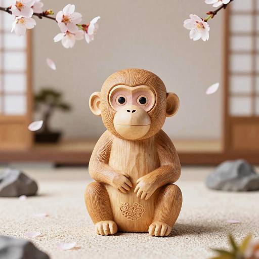 Handcrafted Japanese Monkey Wooden Sculpture