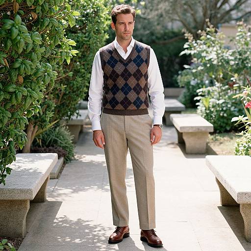 Photograph of a handsome man with short brown hair, wearing a white shirt, black argyle vest, beige pants, and brown shoes, standing in
