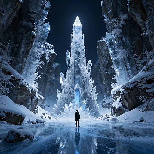 Digital art: A lone figure stands before a towering, glowing ice crystal formation in a dark, icy cave, surrounded by radiant blue and white ice shards