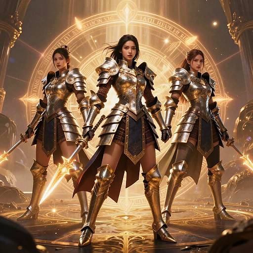 Digital artwork of three fierce, armored women with glowing swords, standing in a radiant, mystical arena with a glowing circular symbol.