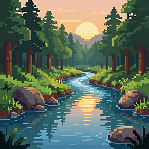 Serene Pixel Art River Landscape