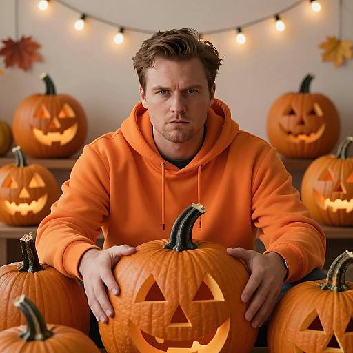 Photorealistic Man Among Pumpkins
