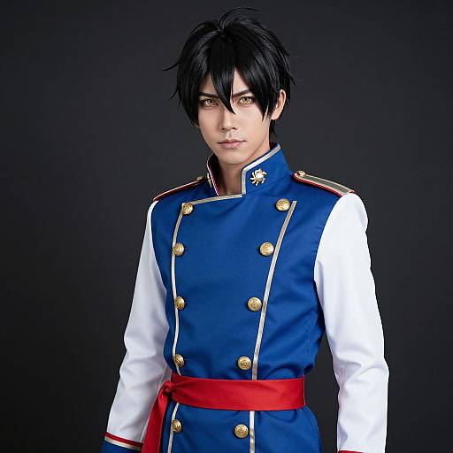 Photograph of a young man with black hair and yellow eyes, wearing a blue and white military-style uniform with gold buttons and a red sash,