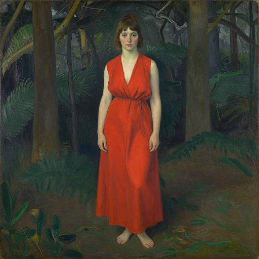 Painting of a fair-skinned woman with short brown hair, wearing a red, sleeveless, V-neck dress, standing barefoot in a dark