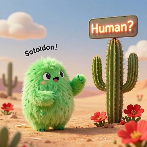 CGI image of a fluffy green cactus creature with big eyes, saying 