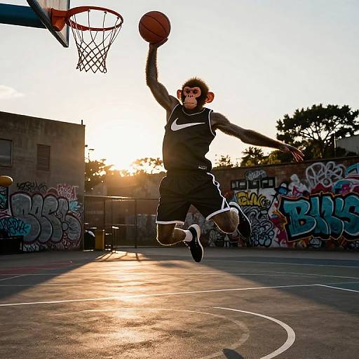 Photograph of a monkey in a black basketball jersey, mid-air, shooting a basketball at sunset on a graffiti-covered outdoor court.