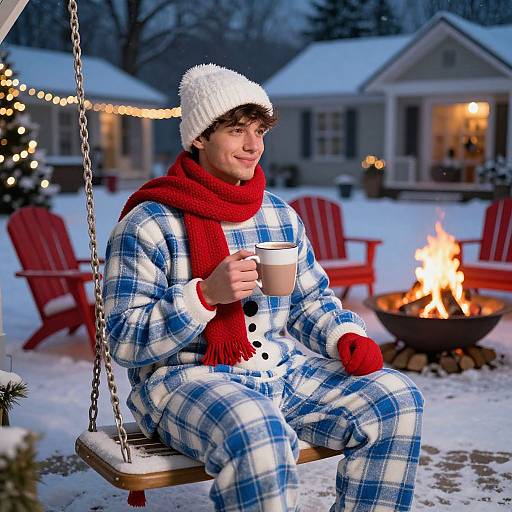 Photograph of a smiling young man in blue plaid pajamas, red scarf, and white knit hat, sitting on a snow-covered swing by a