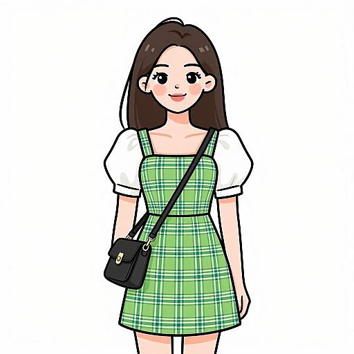Anime-style digital drawing of a smiling young woman with straight brown hair, wearing a green plaid dress over a white shirt, black shoulder bag, and