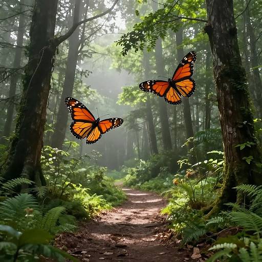 Photograph of a sunlit forest path with two vibrant orange and black butterflys flying amidst tall trees and lush green ferns.
