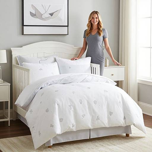 Photograph of a smiling woman with wavy blonde hair in a gray t-shirt and white pants, standing beside a neatly made white bed in a bright