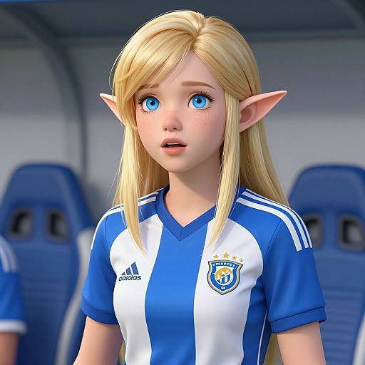 CGI anime-style elf girl with long blonde hair, blue eyes, and pointed ears, wearing a blue and white Argentine soccer jersey, inside a blurred