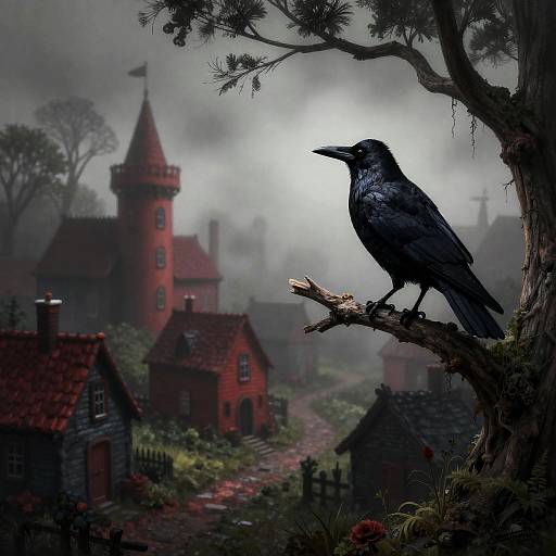 Eerie Crow in Whimsical Gothic Village