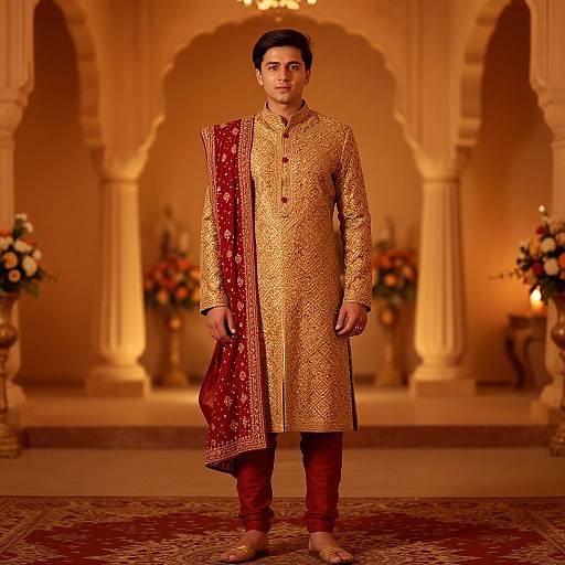 Photograph of a young Indian man in a gold and red embroidered sherwani, standing in an ornately decorated, warm-lit hall with arch