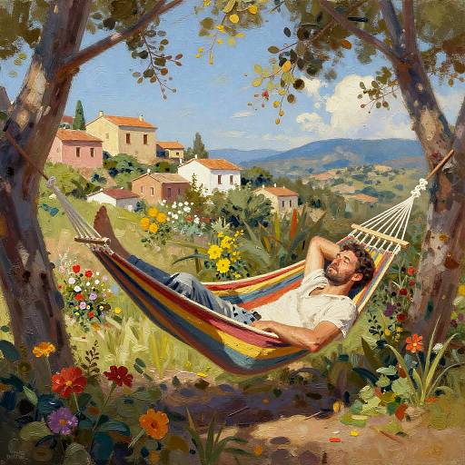 A bearded man relaxes in a colorful striped hammock, surrounded by vibrant flowers, overlooking a scenic village with red-roofed houses under a