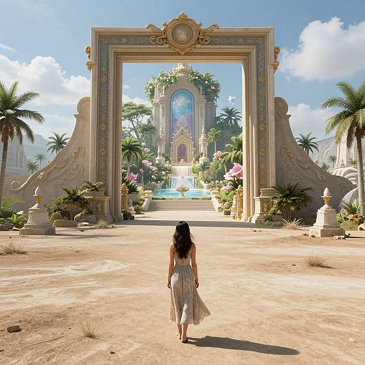 Photorealistic CGI of a woman with long black hair in a flowing dress, walking towards an ornate, lush garden entrance under a bright blue sky