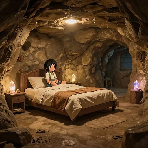 Anime-style digital artwork of a young girl with black hair sitting on a bed in a dimly lit, rustic cave bedroom. Two glowing lanterns flank