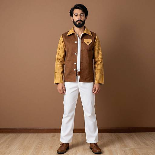 Photograph of a bearded man with dark hair, wearing a brown vest over a yellow plaid shirt, white pants, and brown shoes, standing
