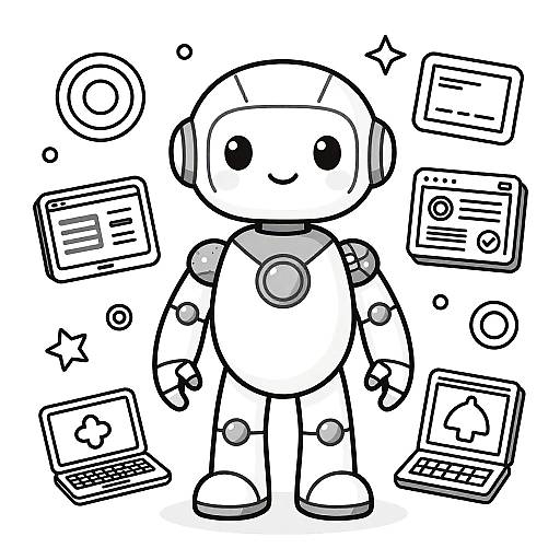 Black and white cartoon drawing of a cute, smiling robot with round head and body, surrounded by floating laptops and circles.