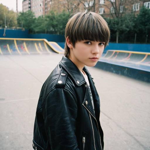 Teen Boy with Side Swept Bangs in Leather Jacket at Skatepark
