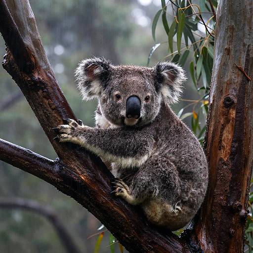 Photograph of a fluffy gray koala with white-tipped ears, sitting on a dark brown tree branch in a forest, looking directly at the camera