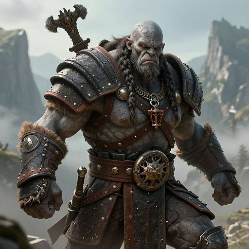 Digital artwork of a muscular, bald, bearded Viking warrior with braided beard, wearing armored fur-trimmed gear, holding a sword, set