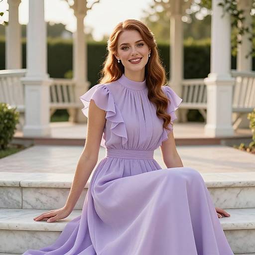 Photograph of a smiling woman with long red hair, wearing a lavender, ruffled, sleeveless dress, sitting on marble steps in a sunlit
