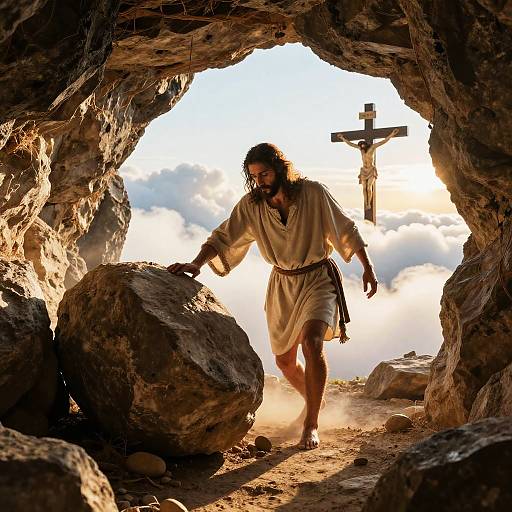 Resurrected Jesus Leaving Tomb at Sunrise