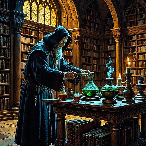 Alchemist Mixing Potions in Ancient Library