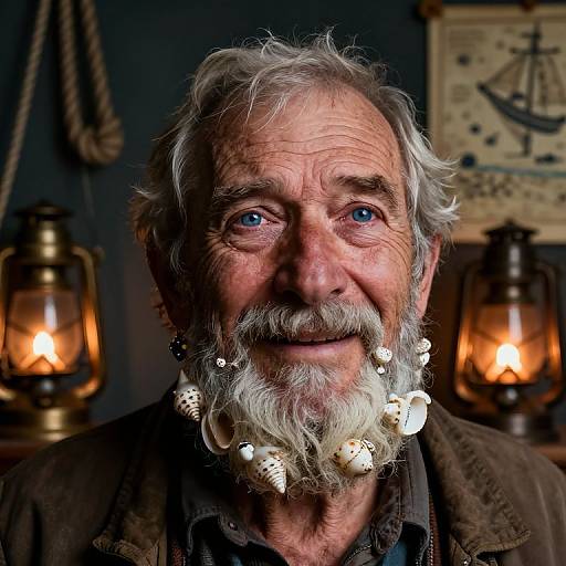 Photograph of an elderly man with a white beard adorned with seashells, blue eyes, and gray hair, standing in a dimly lit room