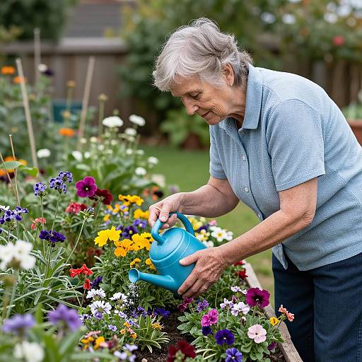 Elderly woman with short gray hair, wearing a light blue polo shirt, watering vibrant flower garden with a blue watering can.
