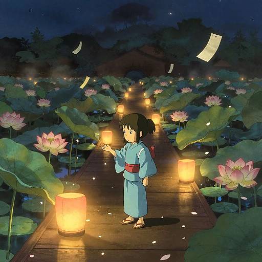 Child in Yukata at Lantern-Lit Lotus Pond